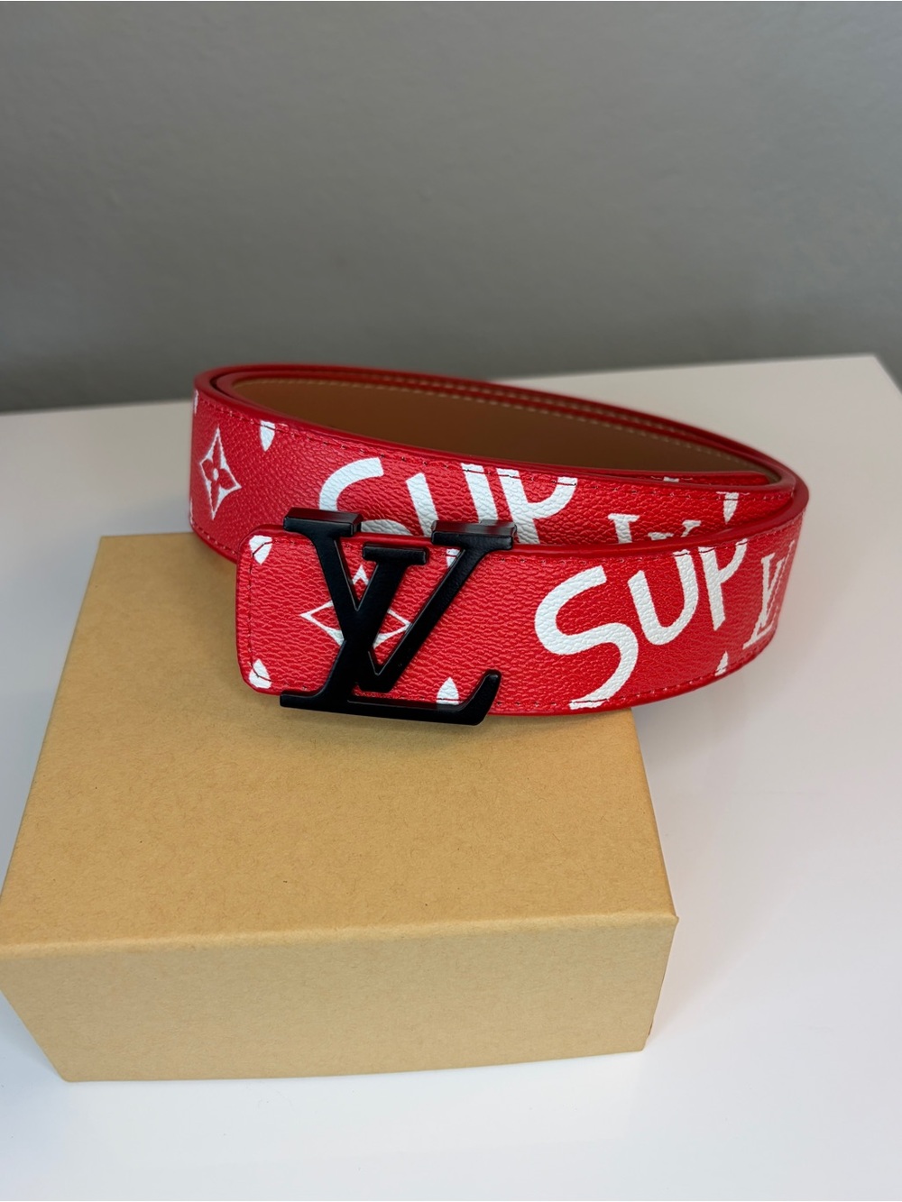 Original Men’s Genuine Leather Red Monogram Belt with Black Buckle Waist 32-37